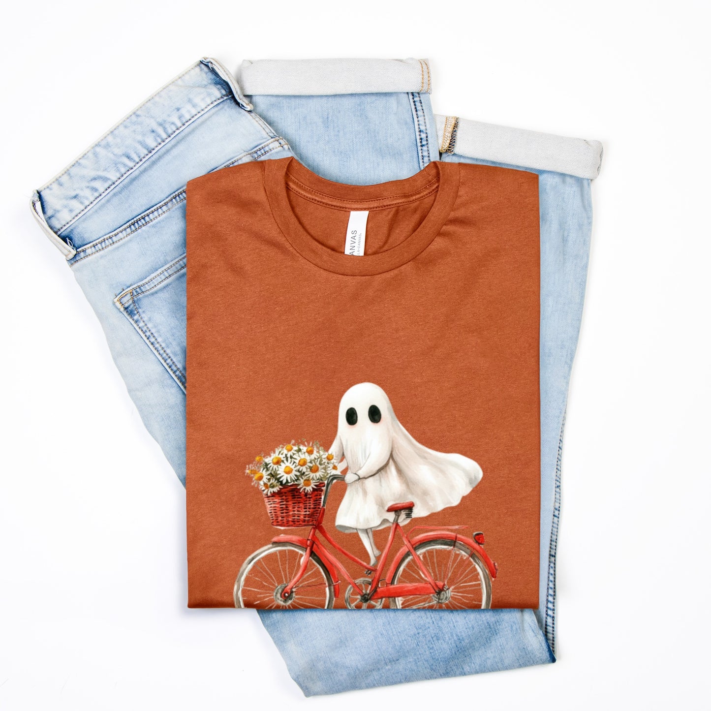 Cute Ghost Fall Tshirt/ Ghost on Bicycle/Soft Comfort Colors Tee/ Many Colors / Bella Canvas