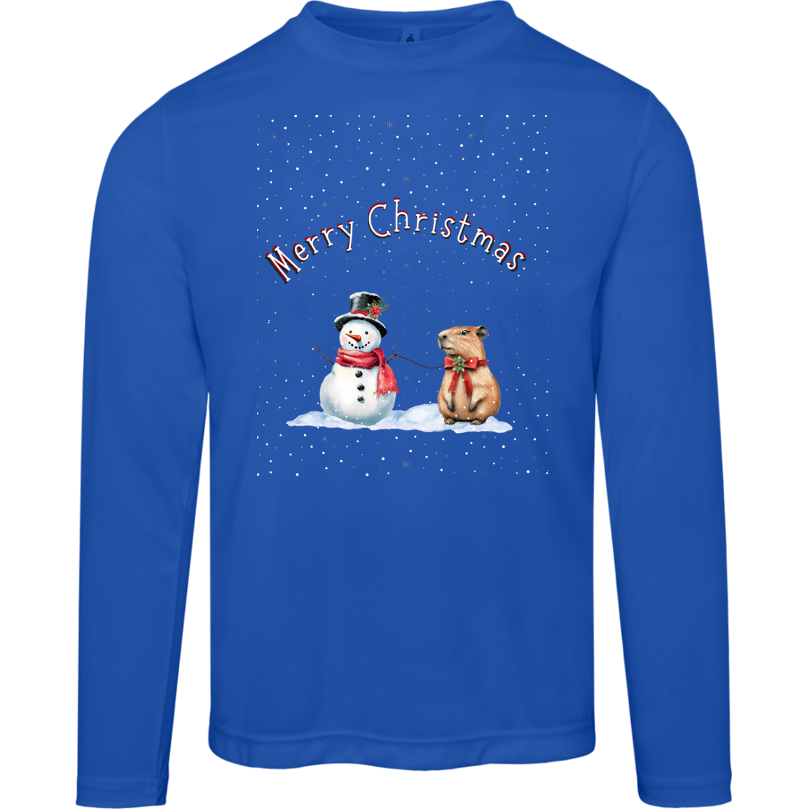 Merry Christmas Festive Snowman with Cute Capybara Ladies Long Sleeve Moisture Wicking Tee