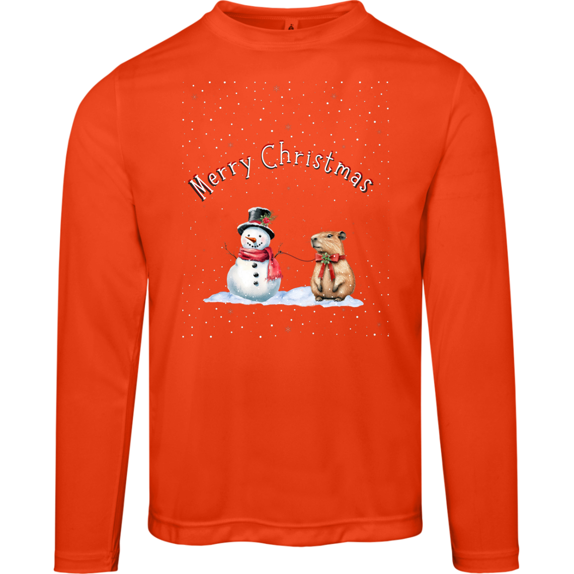 Merry Christmas Festive Snowman with Cute Capybara Ladies Long Sleeve Moisture Wicking Tee