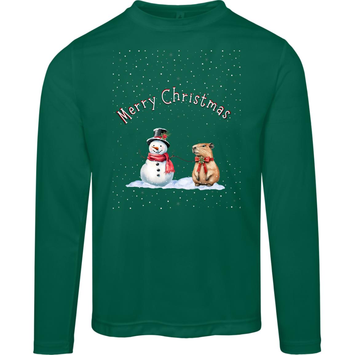 Merry Christmas Festive Snowman with Cute Capybara Ladies Long Sleeve Moisture Wicking Tee