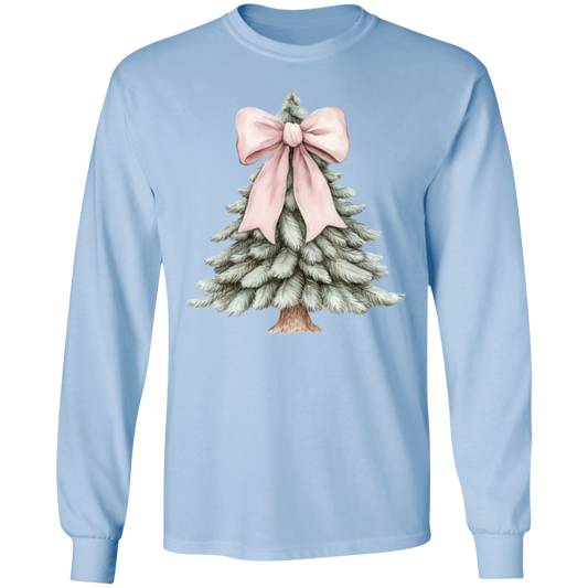 Ladies Croquette Pink Bow Christmas Tree Long Sleeve Cozy Tshirt