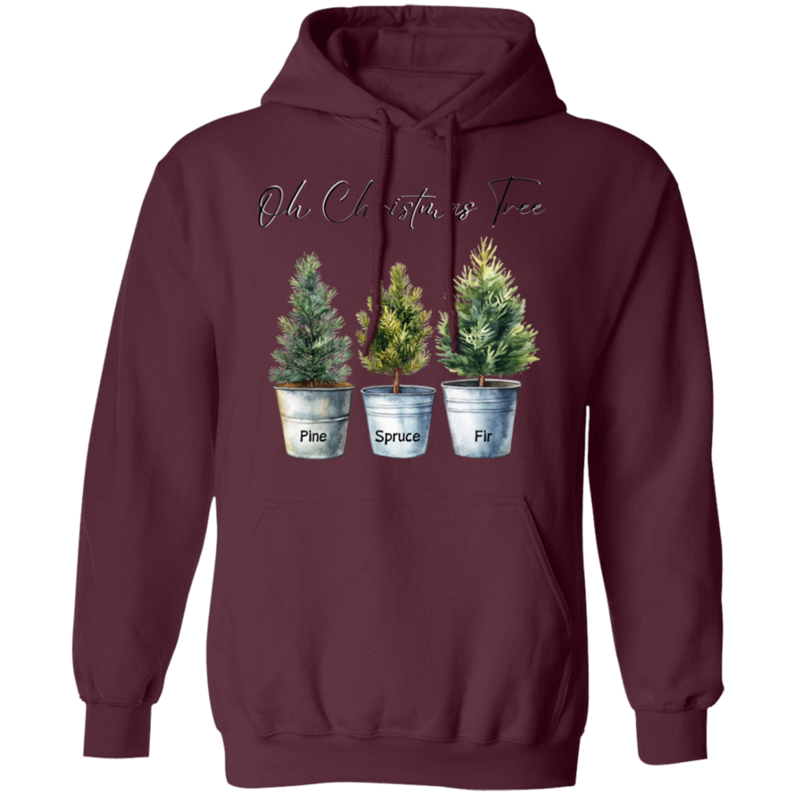 O Christmas Tree Pine Spruce Fir Trees in Tin Buckets Ladies Soft Hoodie, Color Choices