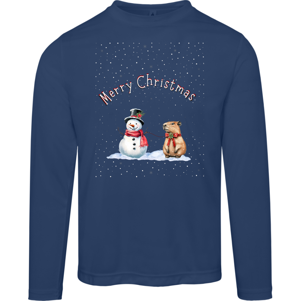 Merry Christmas Festive Snowman with Cute Capybara Ladies Long Sleeve Moisture Wicking Tee