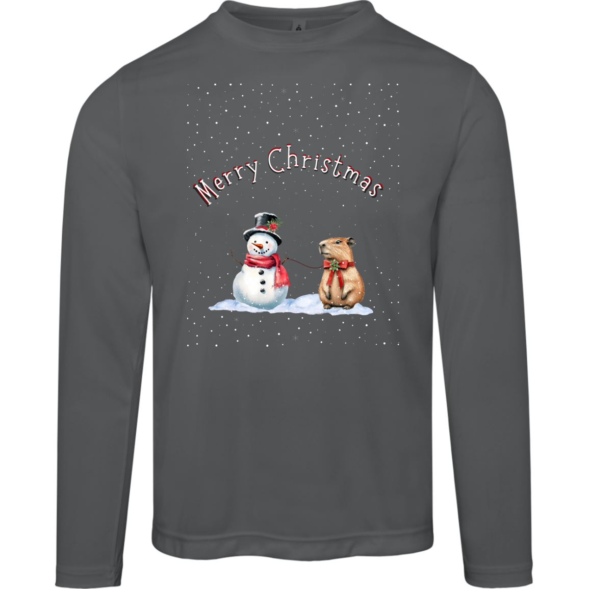 Merry Christmas Festive Snowman with Cute Capybara Ladies Long Sleeve Moisture Wicking Tee