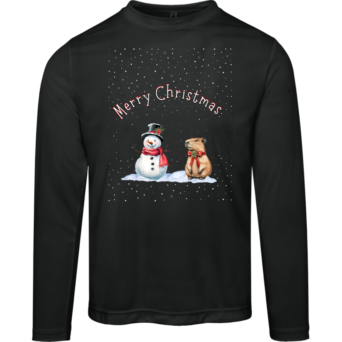 Merry Christmas Festive Snowman with Cute Capybara Ladies Long Sleeve Moisture Wicking Tee