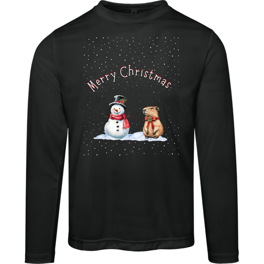 Merry Christmas Festive Snowman with Cute Capybara Ladies Long Sleeve Moisture Wicking Tee