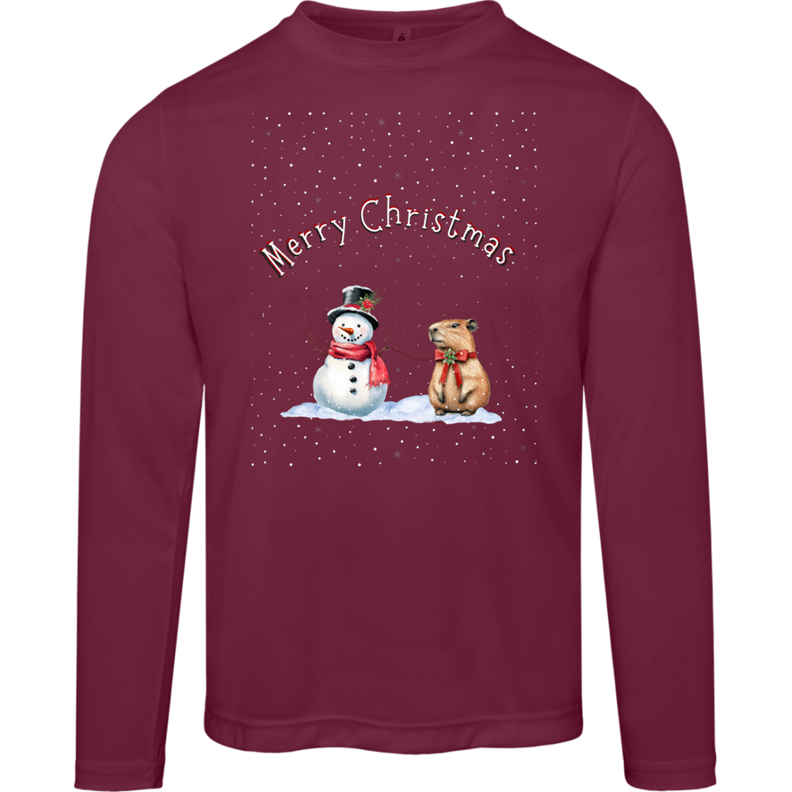 Merry Christmas Festive Snowman with Cute Capybara Ladies Long Sleeve Moisture Wicking Tee