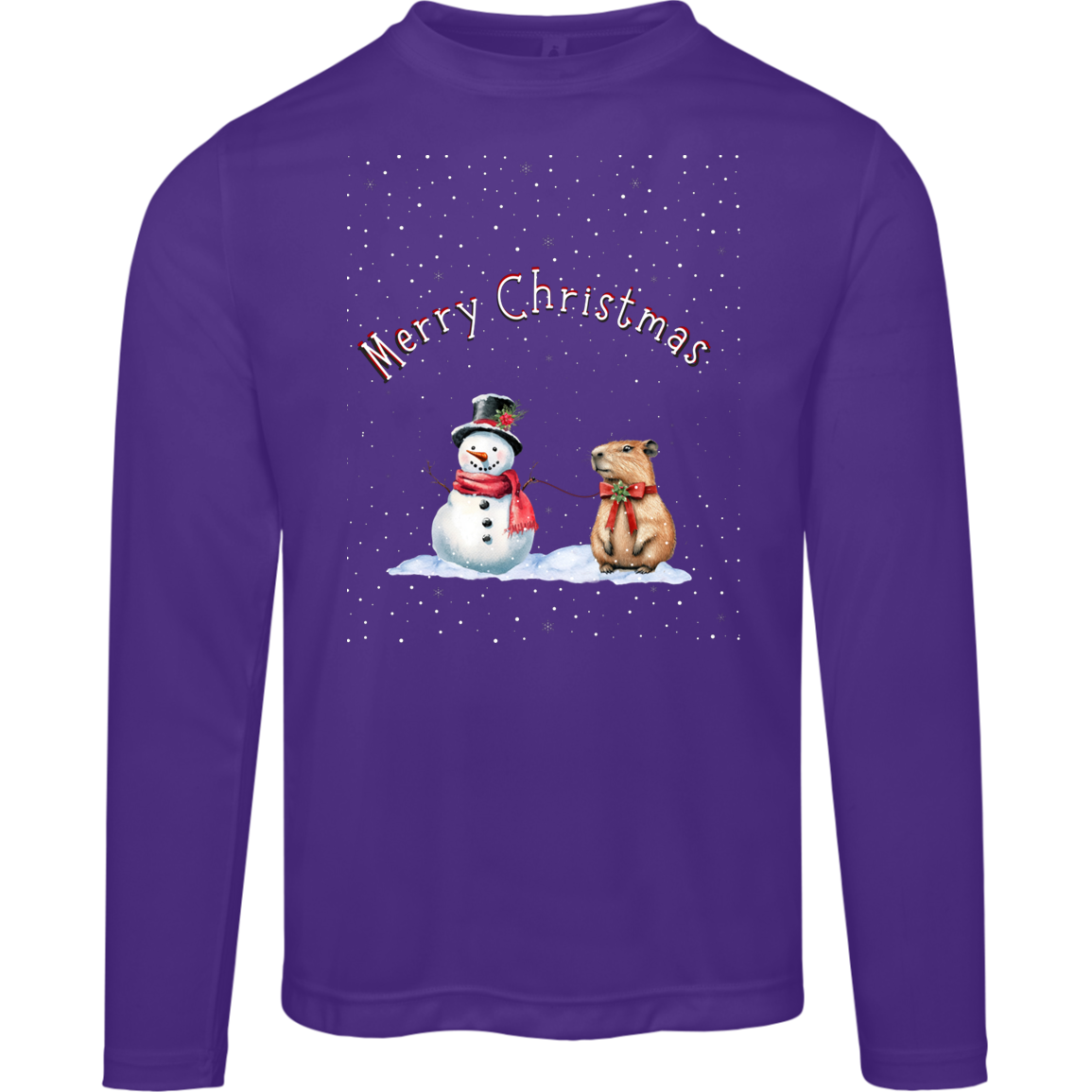 Merry Christmas Festive Snowman with Cute Capybara Ladies Long Sleeve Moisture Wicking Tee