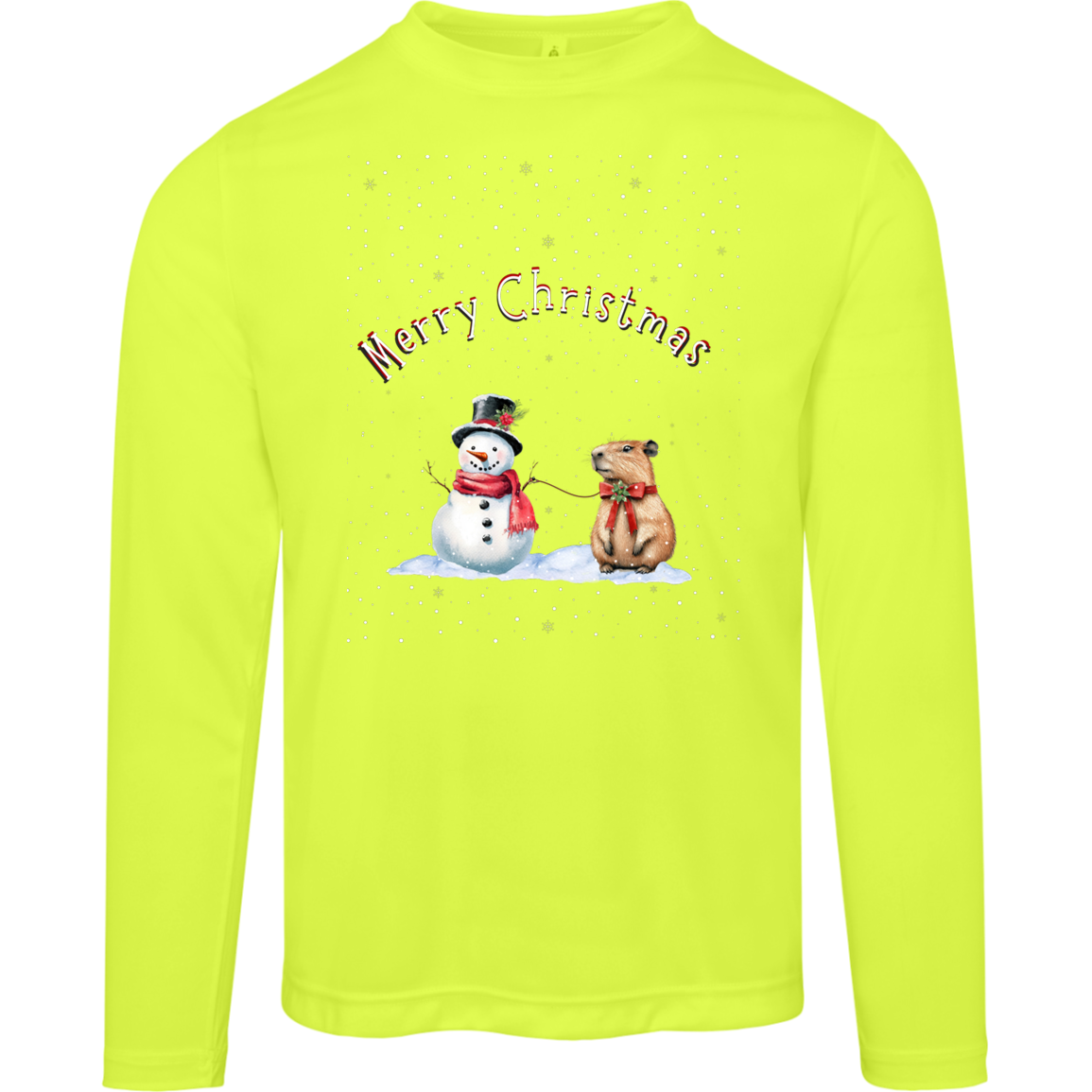 Merry Christmas Festive Snowman with Cute Capybara Ladies Long Sleeve Moisture Wicking Tee