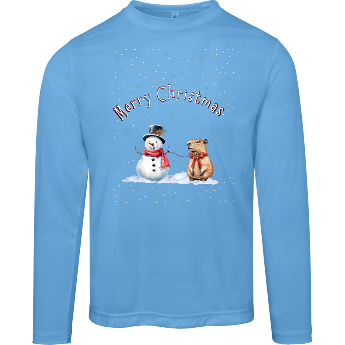 Merry Christmas Festive Snowman with Cute Capybara Ladies Long Sleeve Moisture Wicking Tee