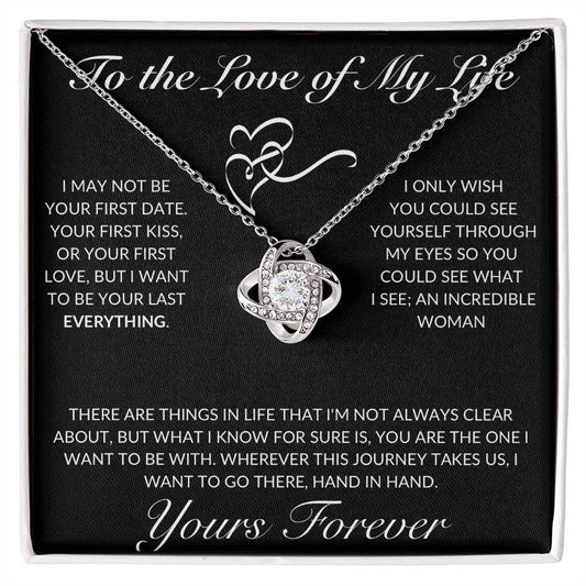 A stunning love knot necklace for your soulmate, First Kiss/ Tear jerking message card included