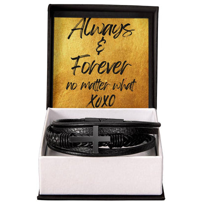 ALWAYS & FOREVER NO MATTER WHAT/ MENS VEGAN LEATHER CROSS BRACELET
