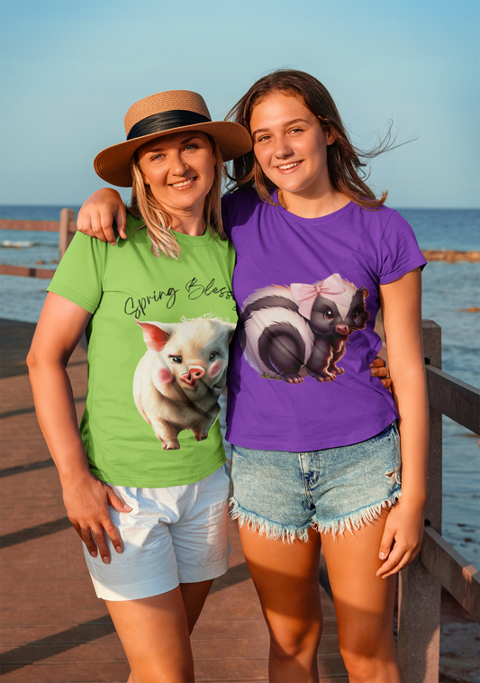 Adorable Baby Skunk with pink bow Croquette Style Bella Canvas Tee Comfort Colors