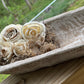 FARMHOUSE DOUGH BOWL WITH TREATED SPANISH MOSS & WOODEN FLOWERS  , ANTIQUE WHITE