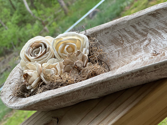 FARMHOUSE DOUGH BOWL WITH TREATED SPANISH MOSS & WOODEN FLOWERS  , ANTIQUE WHITE