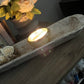 FARMHOUSE DOUGH BOWL WITH TREATED SPANISH MOSS & WOODEN FLOWERS  , ANTIQUE WHITE