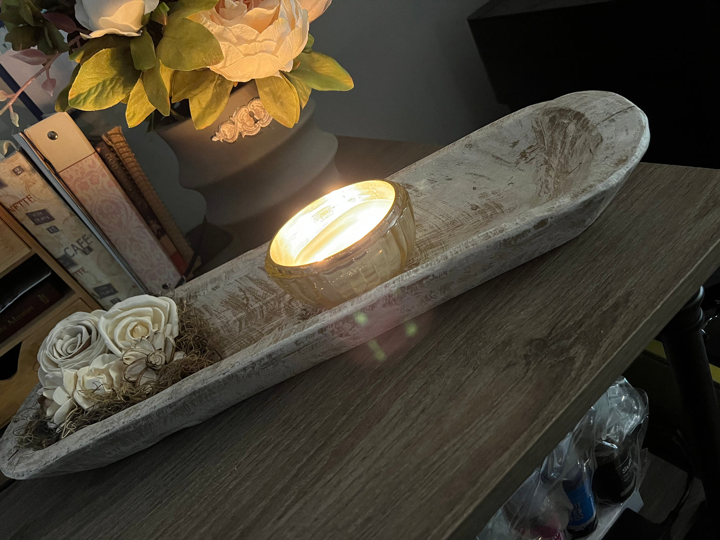 FARMHOUSE DOUGH BOWL WITH TREATED SPANISH MOSS & WOODEN FLOWERS  , ANTIQUE WHITE
