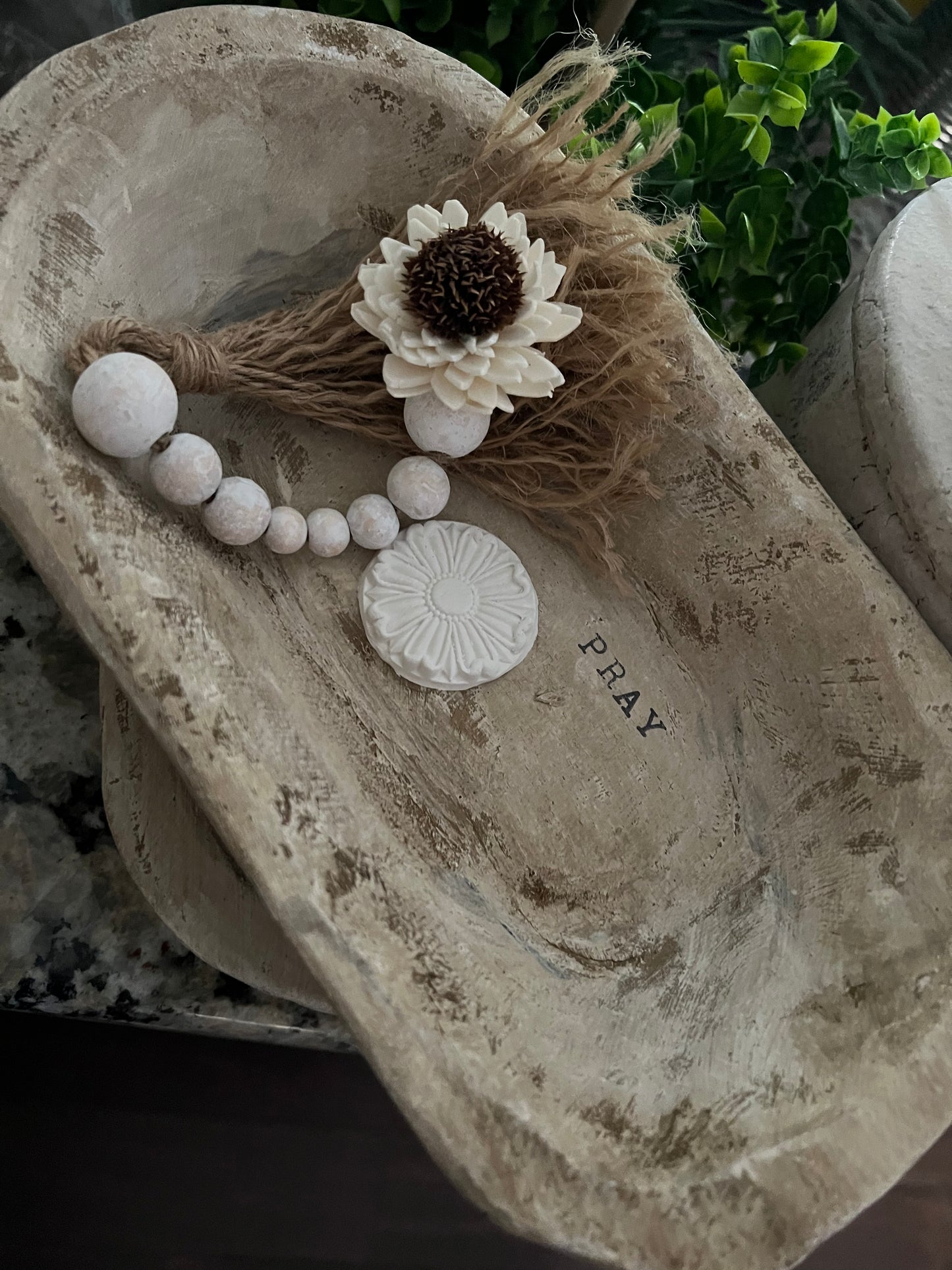 WHITE DISTRESSED WOODEN PRAYER BOWL WITH DISTRESSED BEADED TASSEL