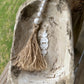 WHITE DISTRESSED WOODEN PRAYER BOWL WITH DISTRESSED BEADED TASSEL