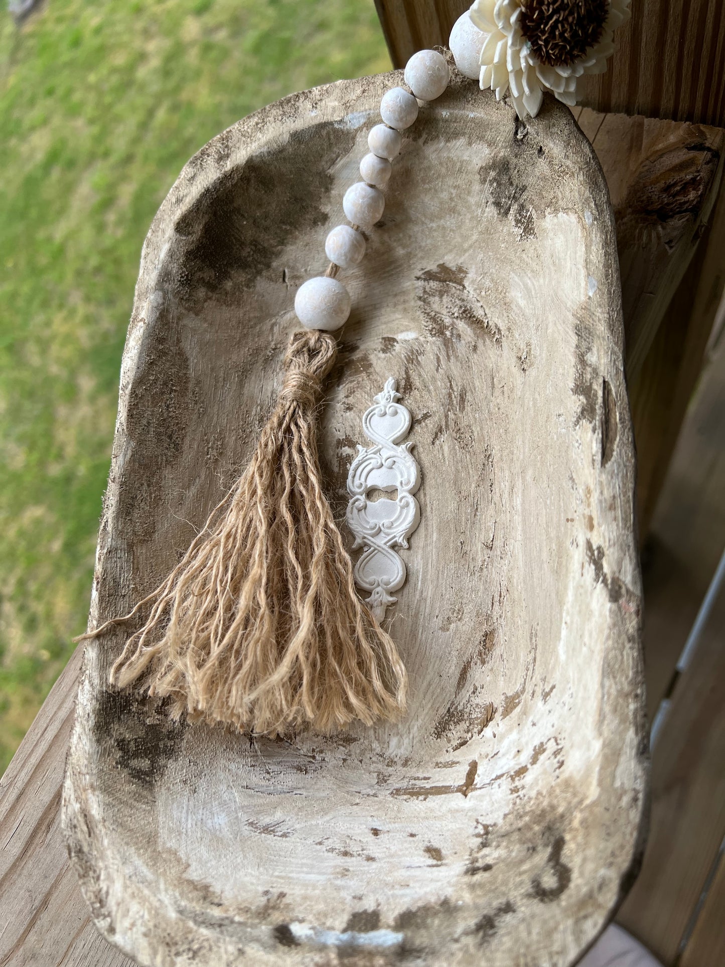 WHITE DISTRESSED WOODEN PRAYER BOWL WITH DISTRESSED BEADED TASSEL