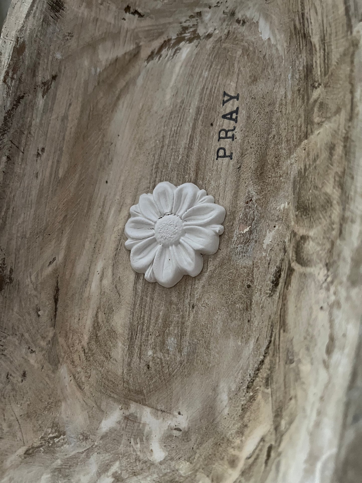 WHITE DISTRESSED WOODEN PRAYER BOWL WITH DISTRESSED BEADED TASSEL