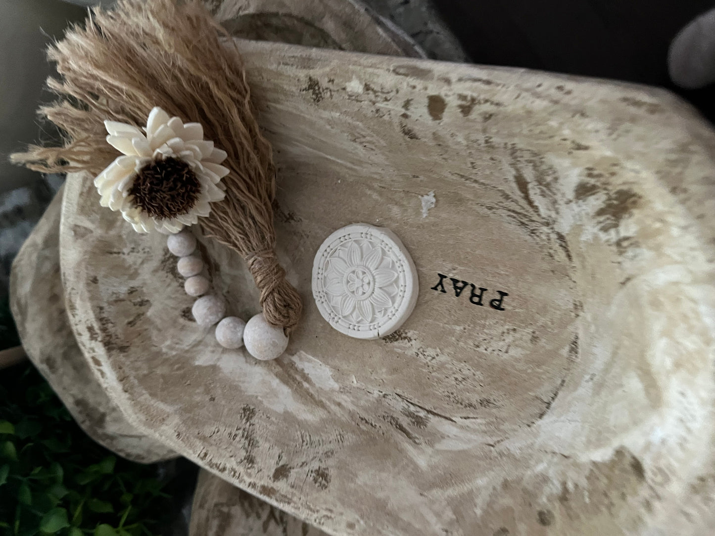 WHITE DISTRESSED WOODEN PRAYER BOWL WITH DISTRESSED BEADED TASSEL