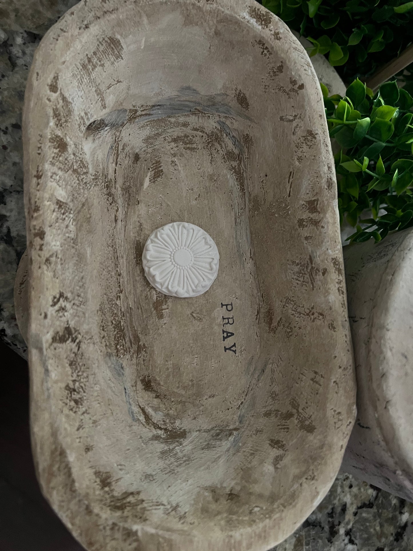 WHITE DISTRESSED WOODEN PRAYER BOWL WITH DISTRESSED BEADED TASSEL