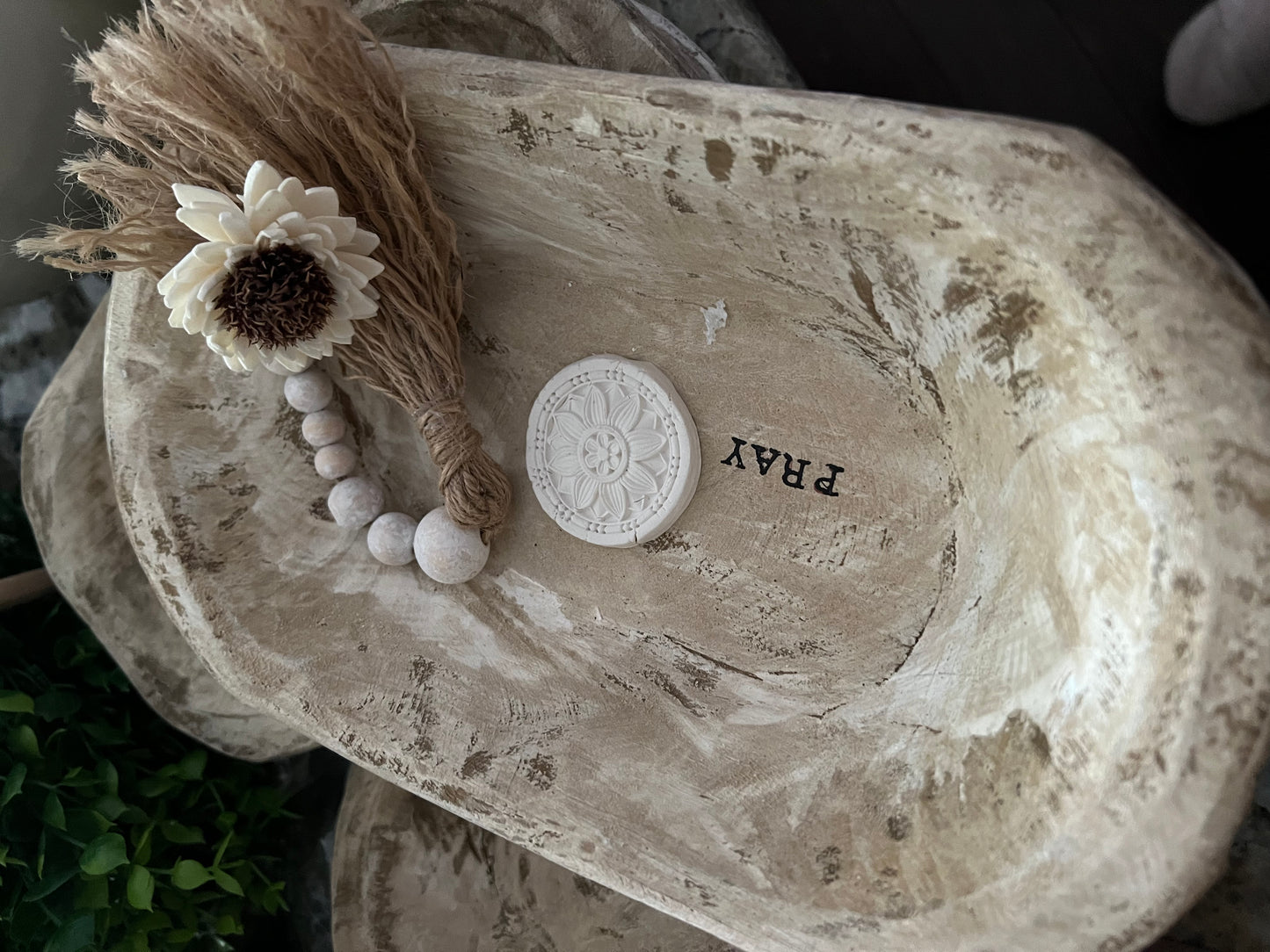 WHITE DISTRESSED WOODEN PRAYER BOWL WITH DISTRESSED BEADED TASSEL