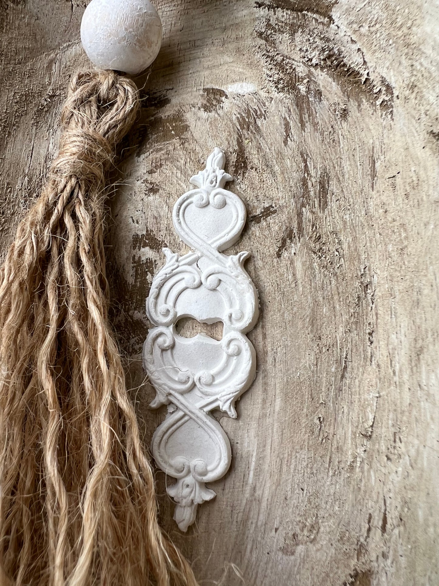 WHITE DISTRESSED WOODEN PRAYER BOWL WITH DISTRESSED BEADED TASSEL