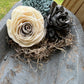 SMALL WEATHERED GREY WOODEN DOUGH BOWL EMBELLISHED WITH MOSS AND WOODEN FLOWERS