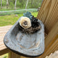 SMALL WEATHERED GREY WOODEN DOUGH BOWL EMBELLISHED WITH MOSS AND WOODEN FLOWERS