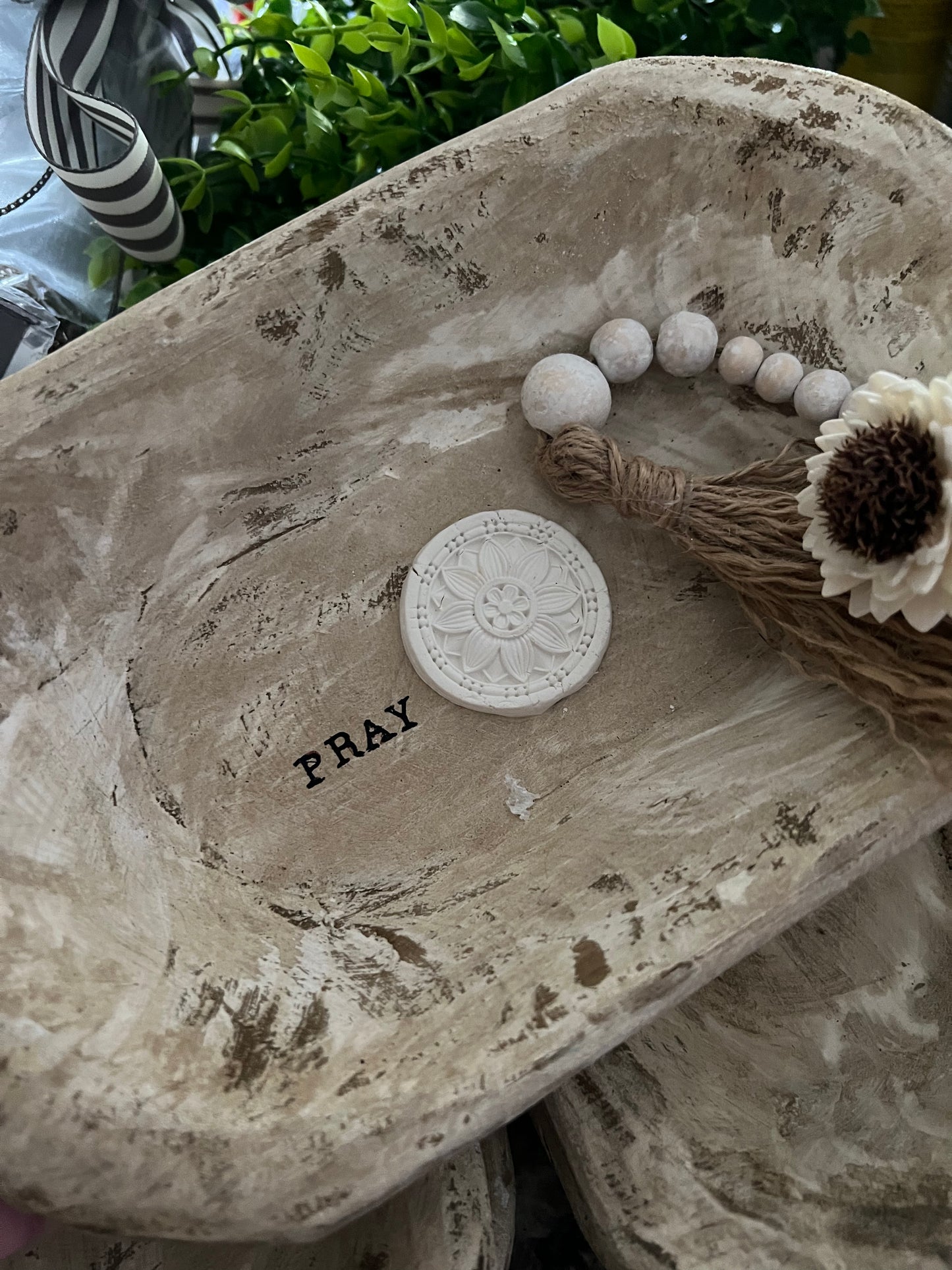 WHITE DISTRESSED WOODEN PRAYER BOWL WITH DISTRESSED BEADED TASSEL