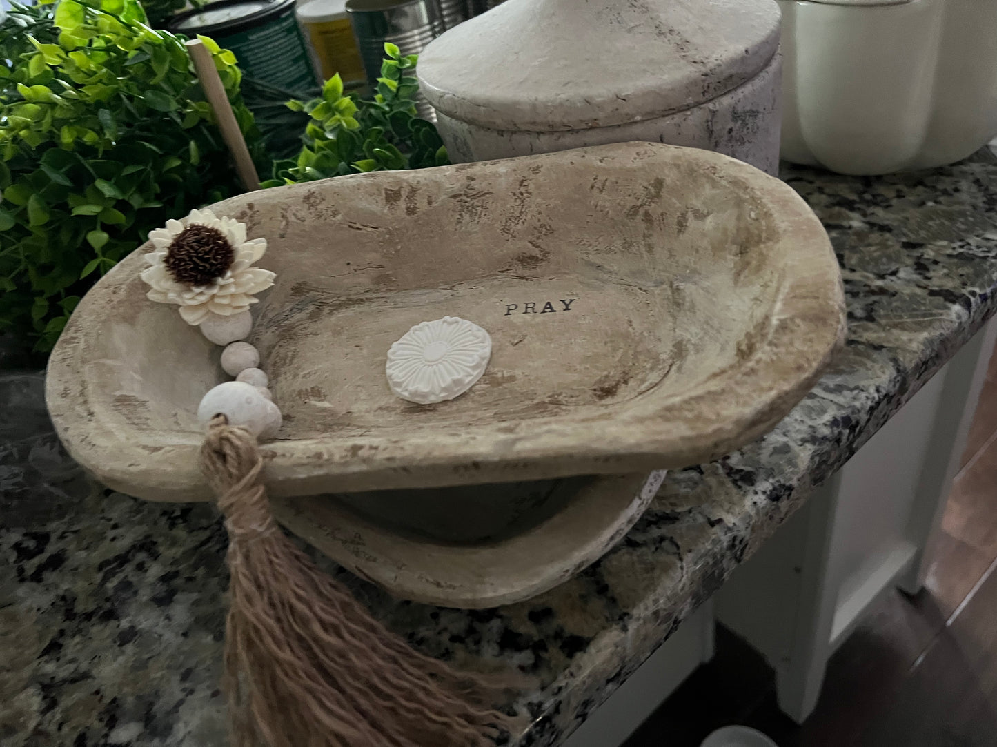 WHITE DISTRESSED WOODEN PRAYER BOWL WITH DISTRESSED BEADED TASSEL