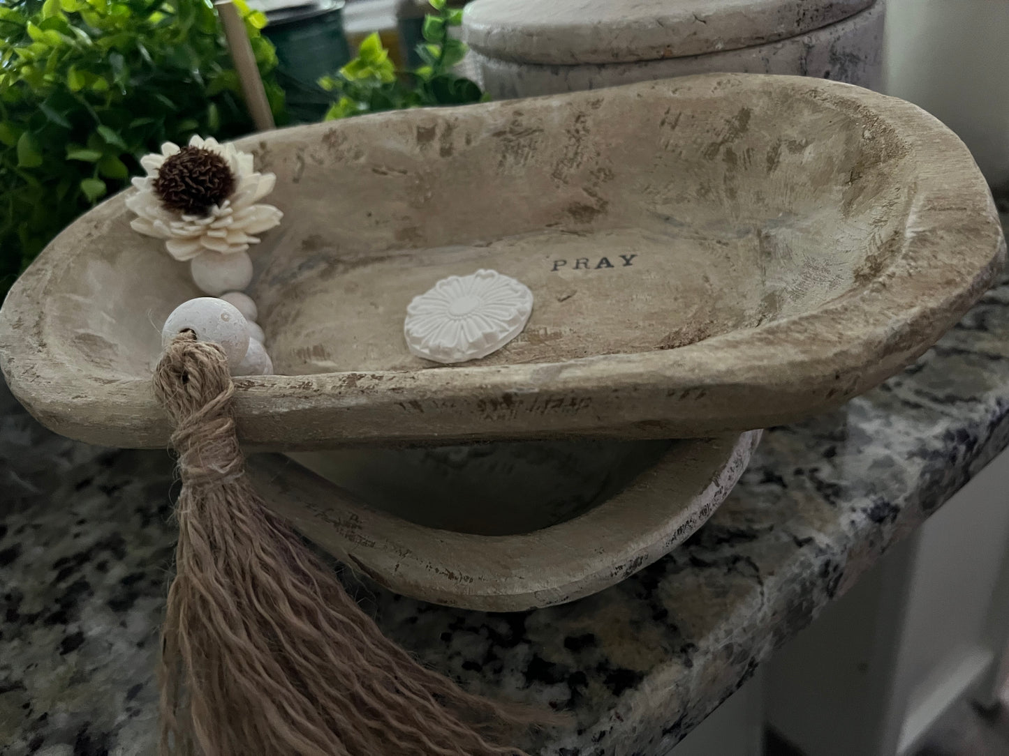 WHITE DISTRESSED WOODEN PRAYER BOWL WITH DISTRESSED BEADED TASSEL