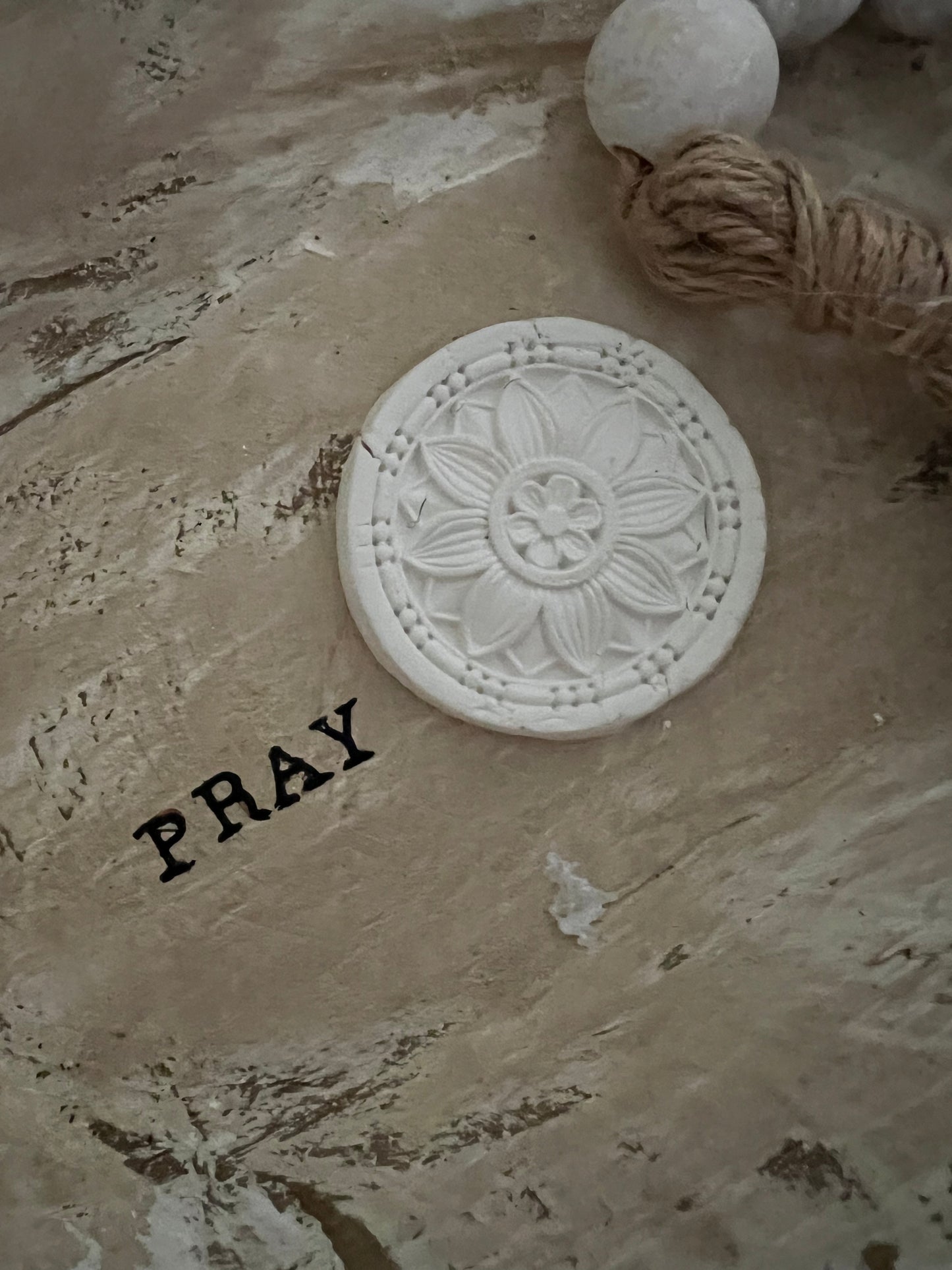 WHITE DISTRESSED WOODEN PRAYER BOWL WITH DISTRESSED BEADED TASSEL