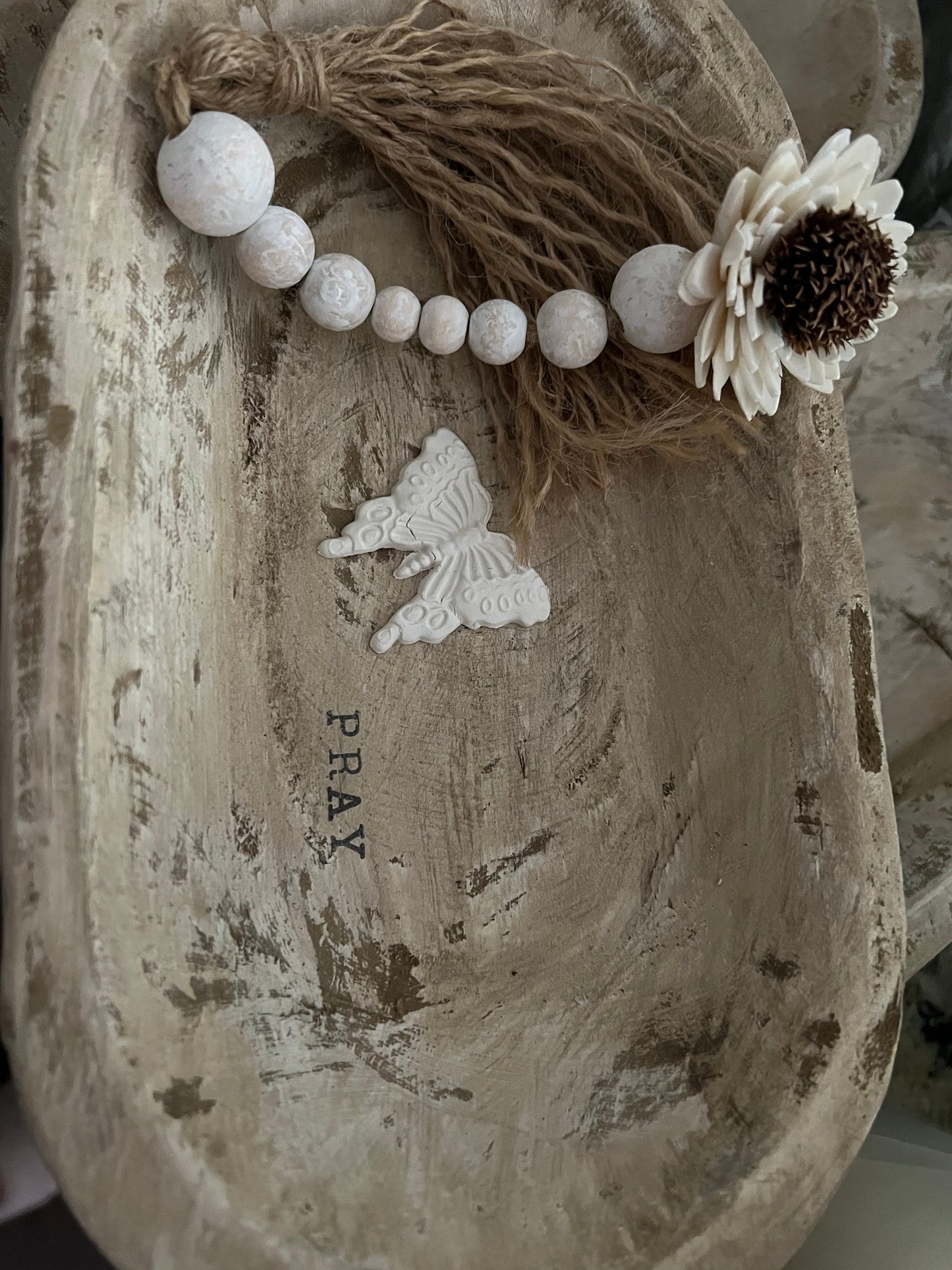 WHITE DISTRESSED WOODEN PRAYER BOWL WITH DISTRESSED BEADED TASSEL