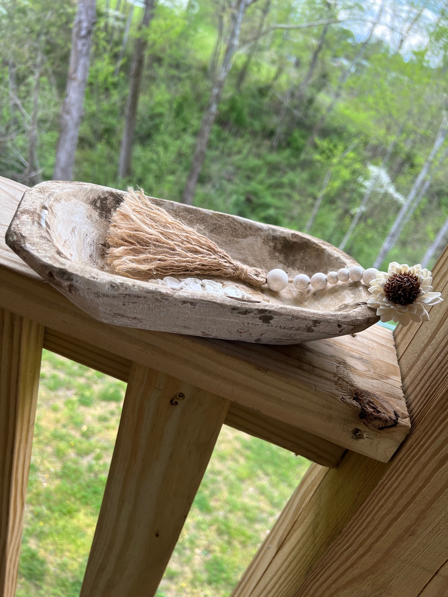 WHITE DISTRESSED WOODEN PRAYER BOWL WITH DISTRESSED BEADED TASSEL