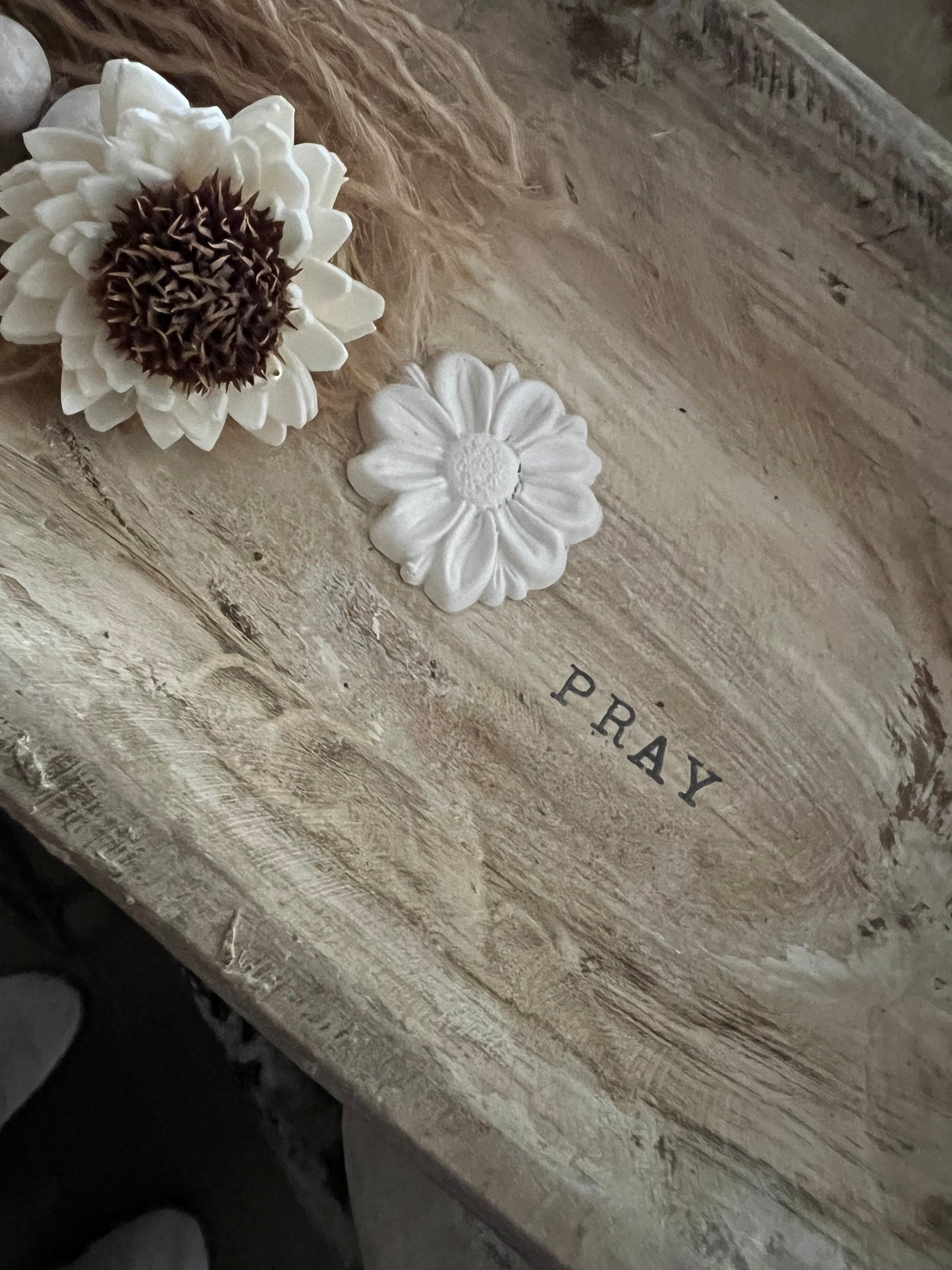 WHITE DISTRESSED WOODEN PRAYER BOWL WITH DISTRESSED BEADED TASSEL