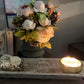 FARMHOUSE DOUGH BOWL WITH TREATED SPANISH MOSS & WOODEN FLOWERS  , ANTIQUE WHITE
