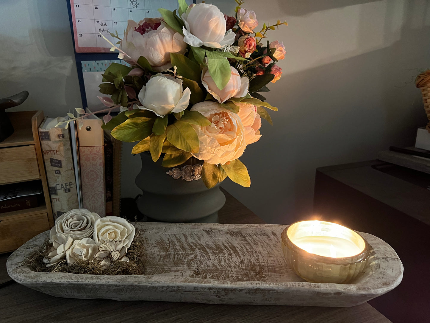 FARMHOUSE DOUGH BOWL WITH TREATED SPANISH MOSS & WOODEN FLOWERS  , ANTIQUE WHITE