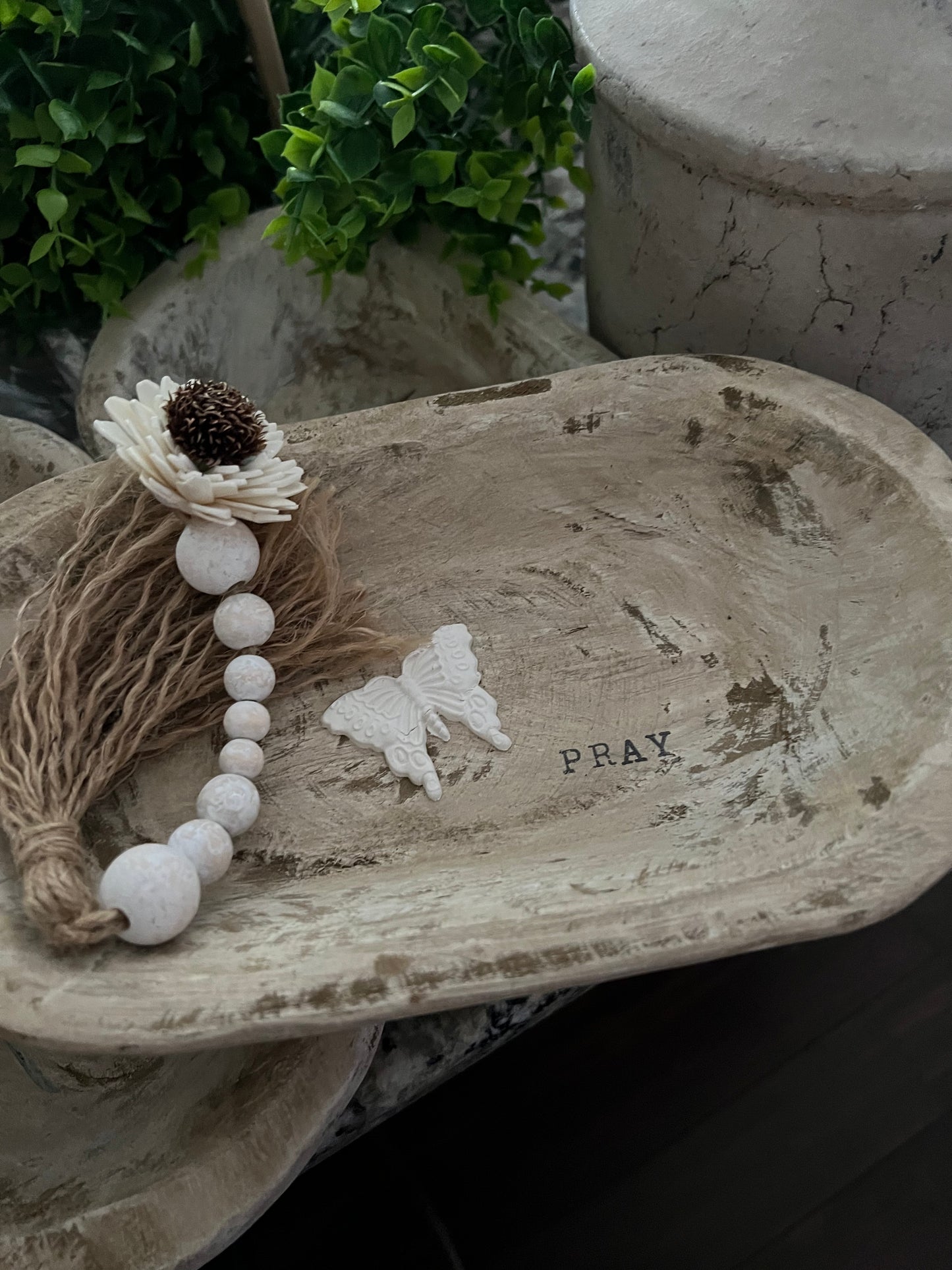 WHITE DISTRESSED WOODEN PRAYER BOWL WITH DISTRESSED BEADED TASSEL