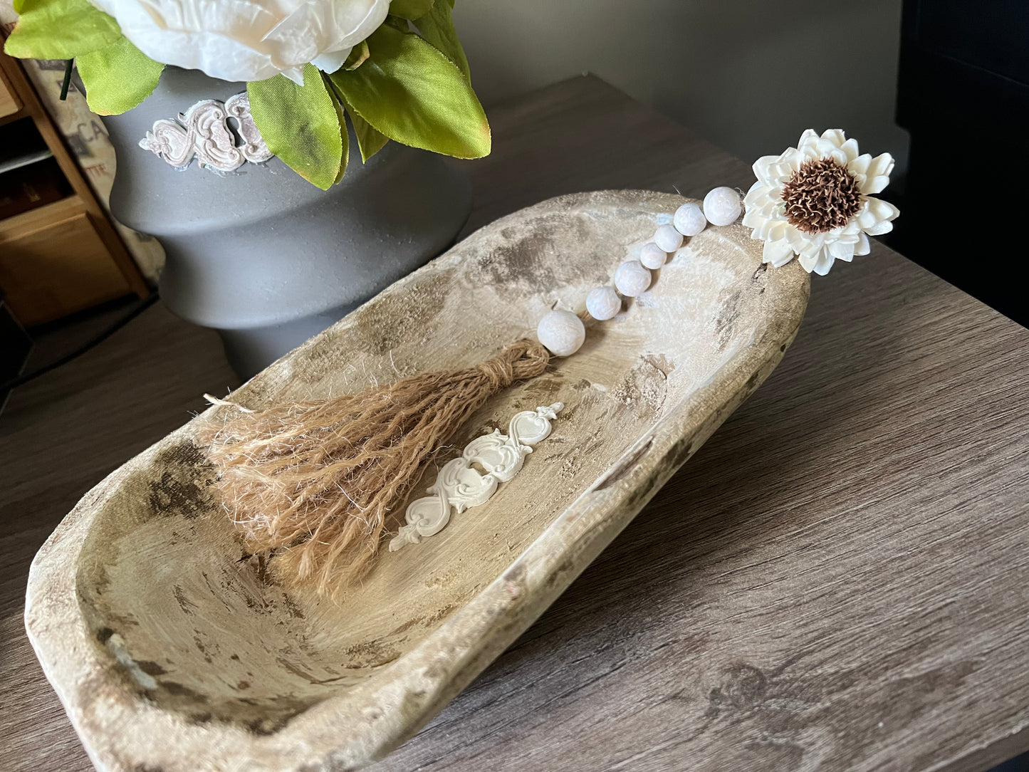 WHITE DISTRESSED WOODEN PRAYER BOWL WITH DISTRESSED BEADED TASSEL