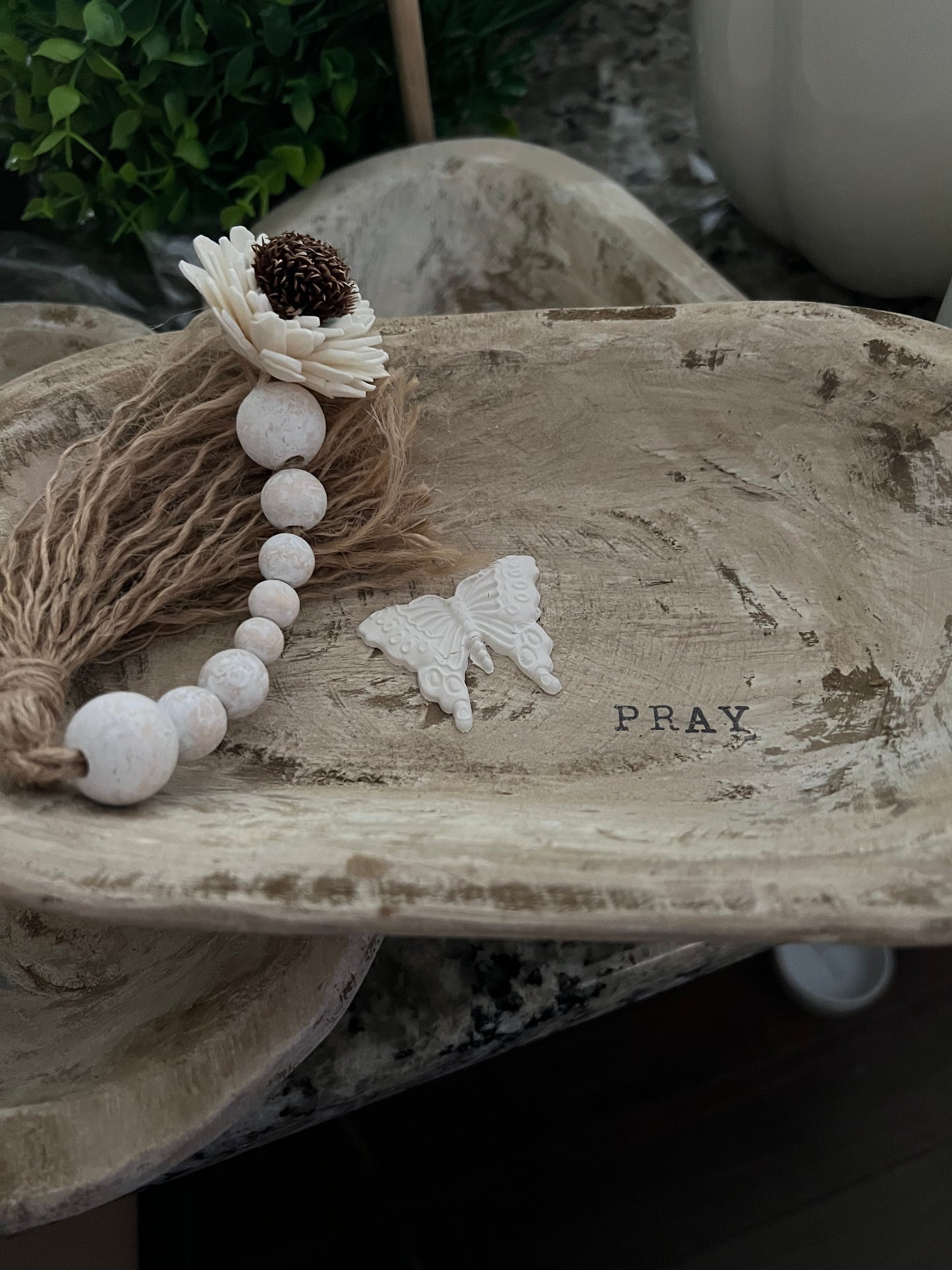 WHITE DISTRESSED WOODEN PRAYER BOWL WITH DISTRESSED BEADED TASSEL