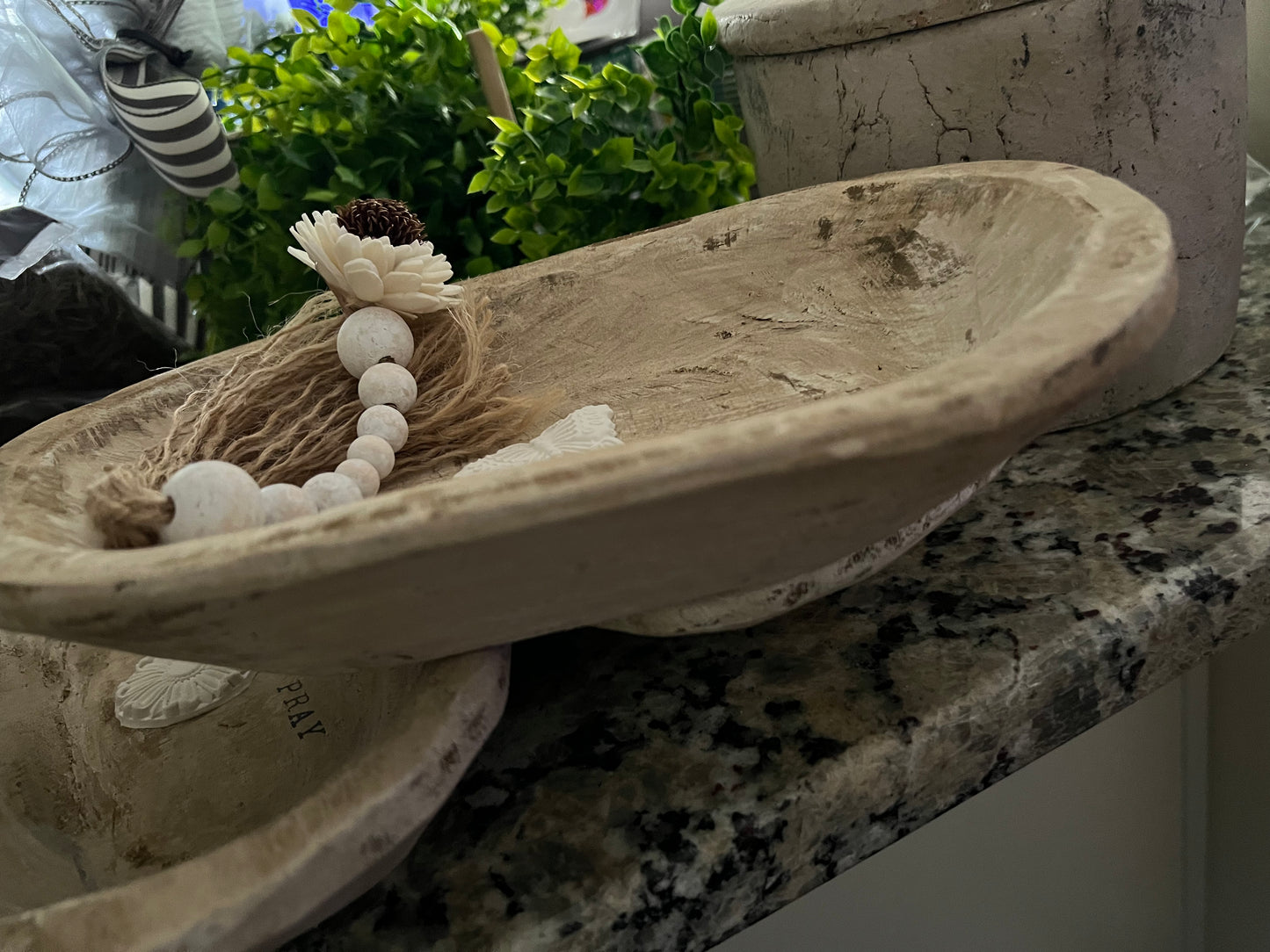 WHITE DISTRESSED WOODEN PRAYER BOWL WITH DISTRESSED BEADED TASSEL