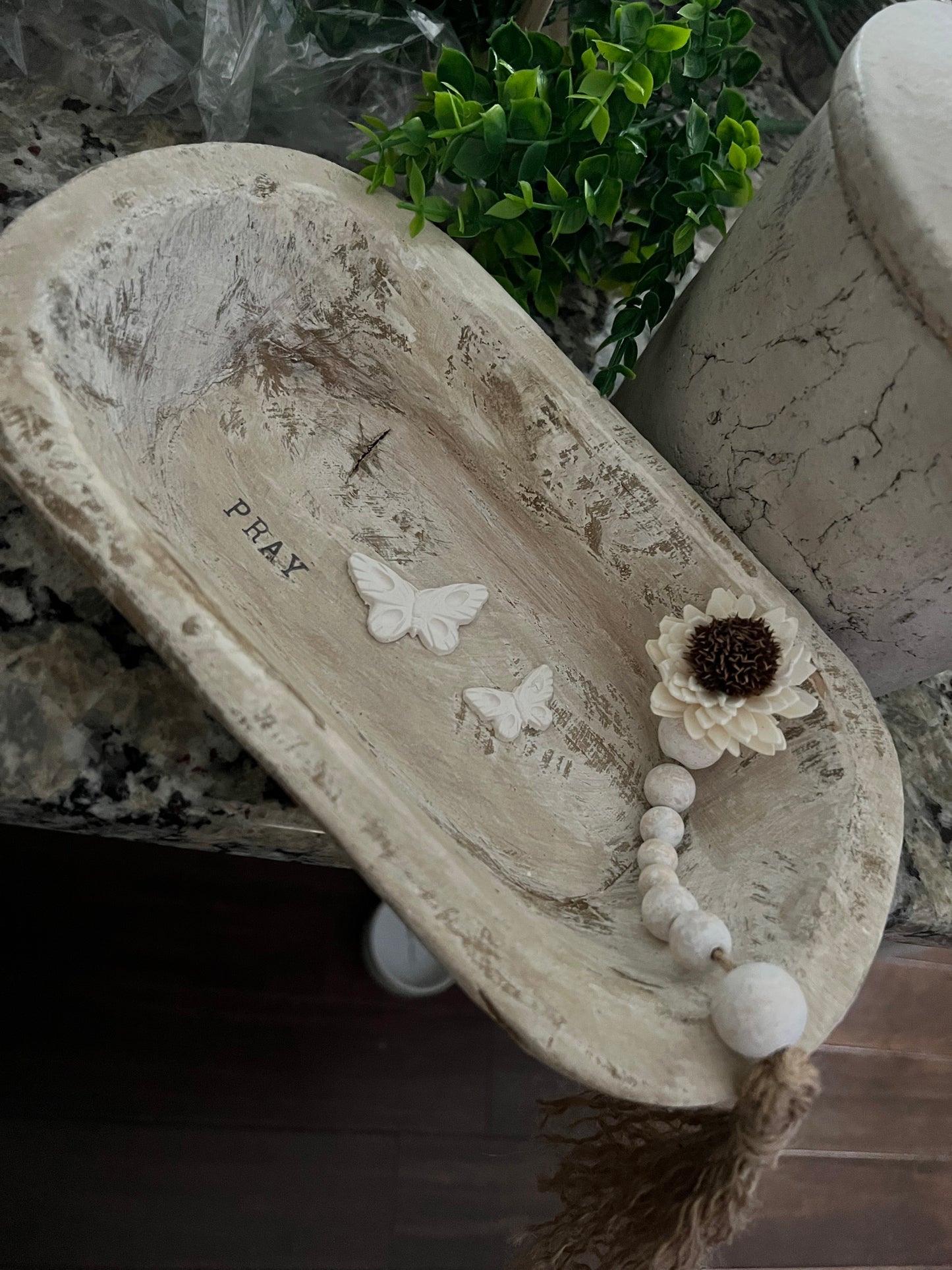 WHITE DISTRESSED WOODEN PRAYER BOWL WITH DISTRESSED BEADED TASSEL