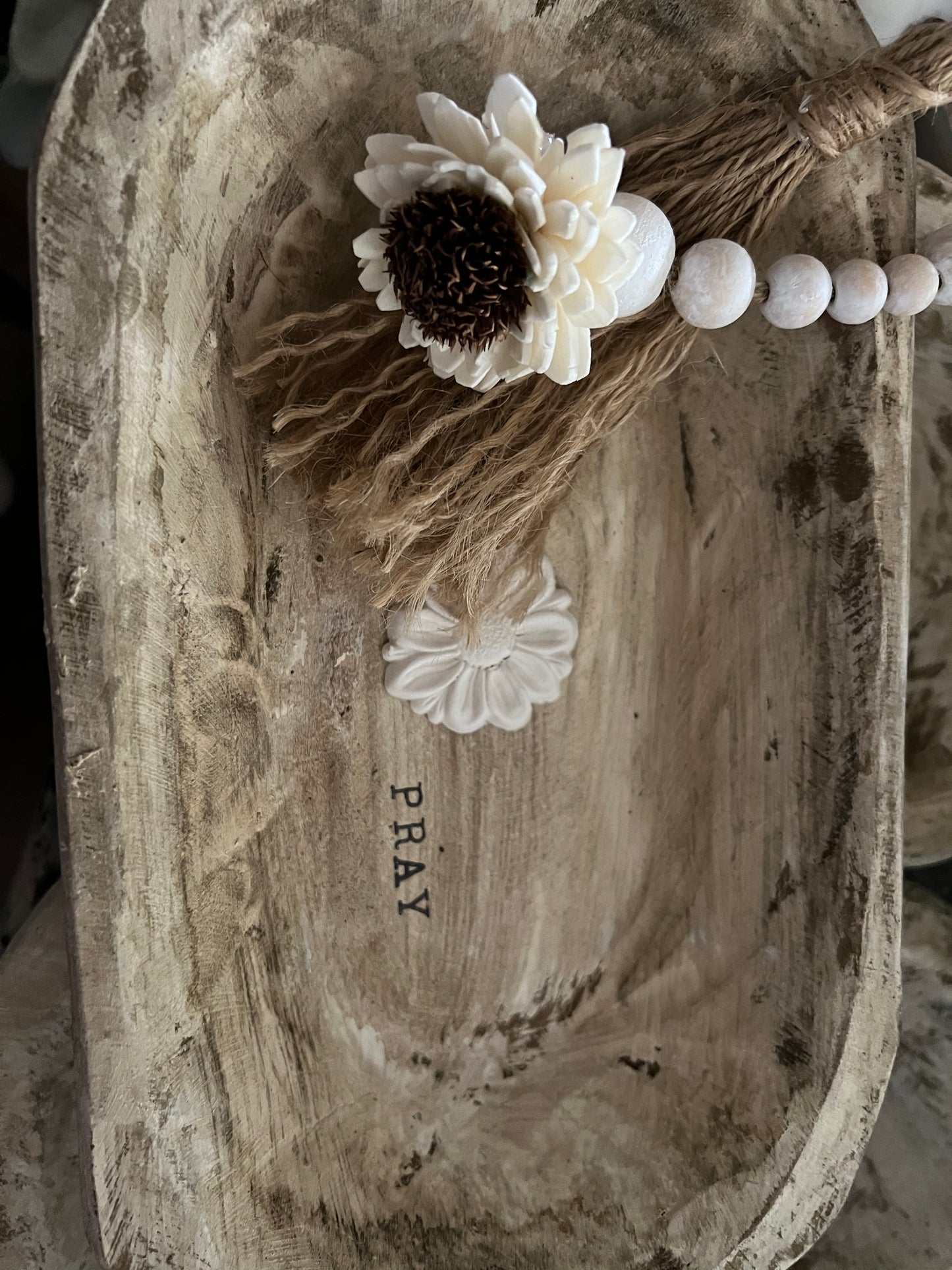 WHITE DISTRESSED WOODEN PRAYER BOWL WITH DISTRESSED BEADED TASSEL